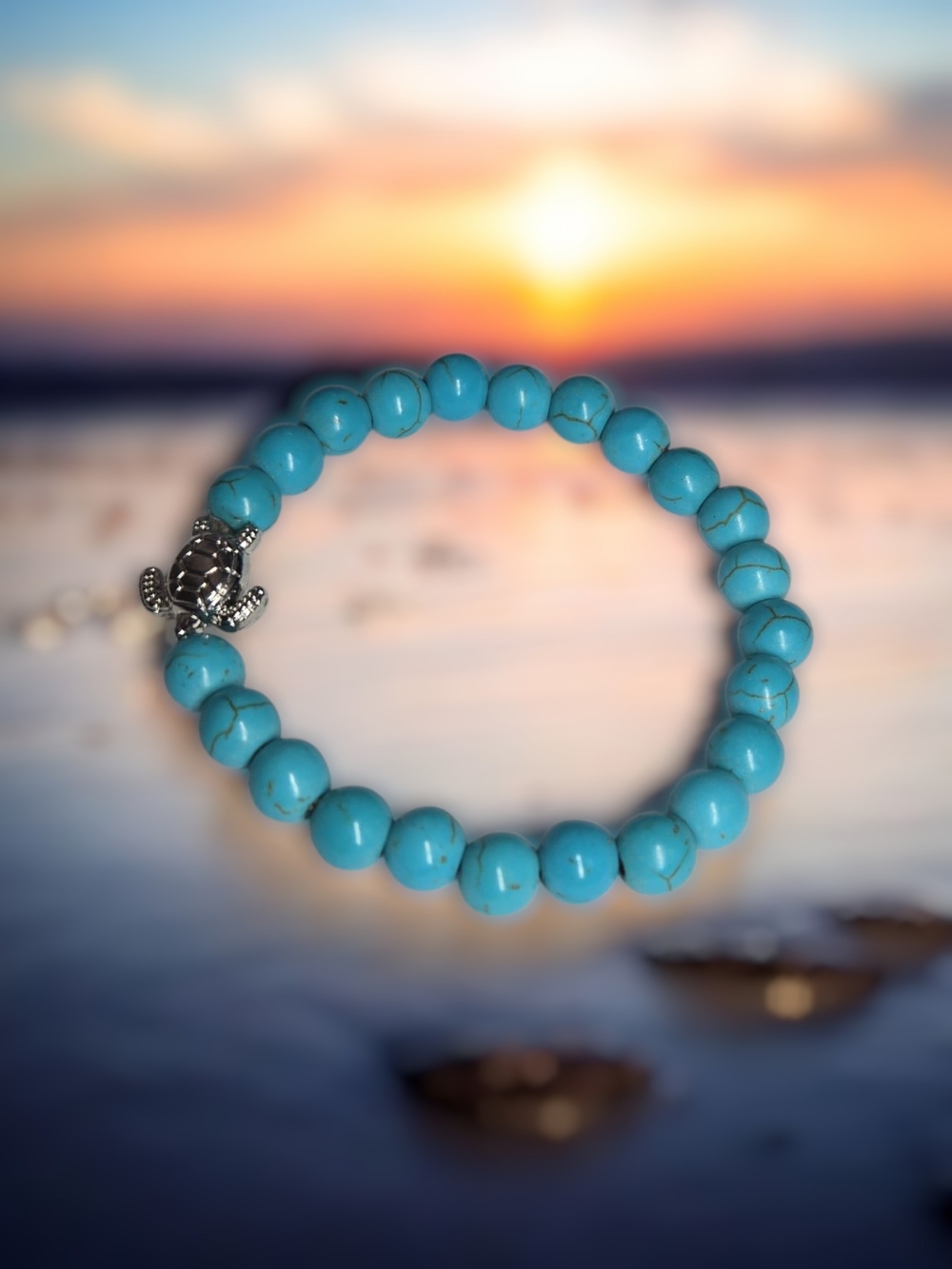 Turquoise Beaded Stretch Bracelet with Silver Sea Turtle Charm